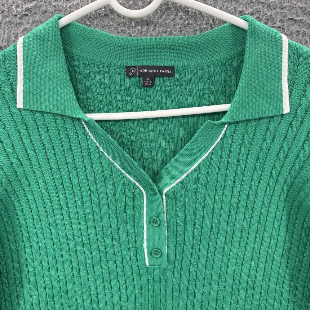 Adrianna Papell Sweater Womens XL Green Cable Knit Short Sleeve Collared Top